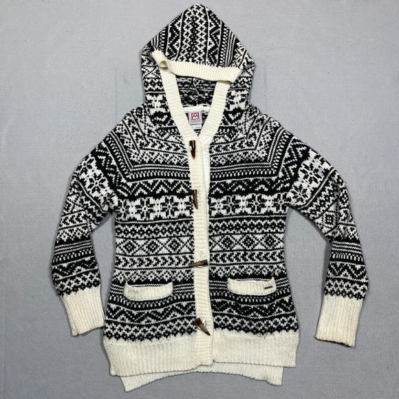 AvalancheNordic Toggle Cardigan Sweater Hooded Small Black White Fair Isle Knit - Picture 1 of 14